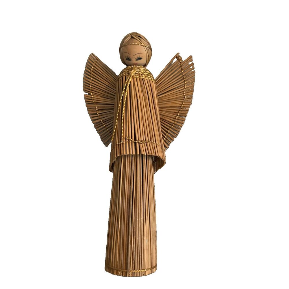 Vtg Mid Century Straw Wood Angel Ornament Handmade Handpainted Face Holiday